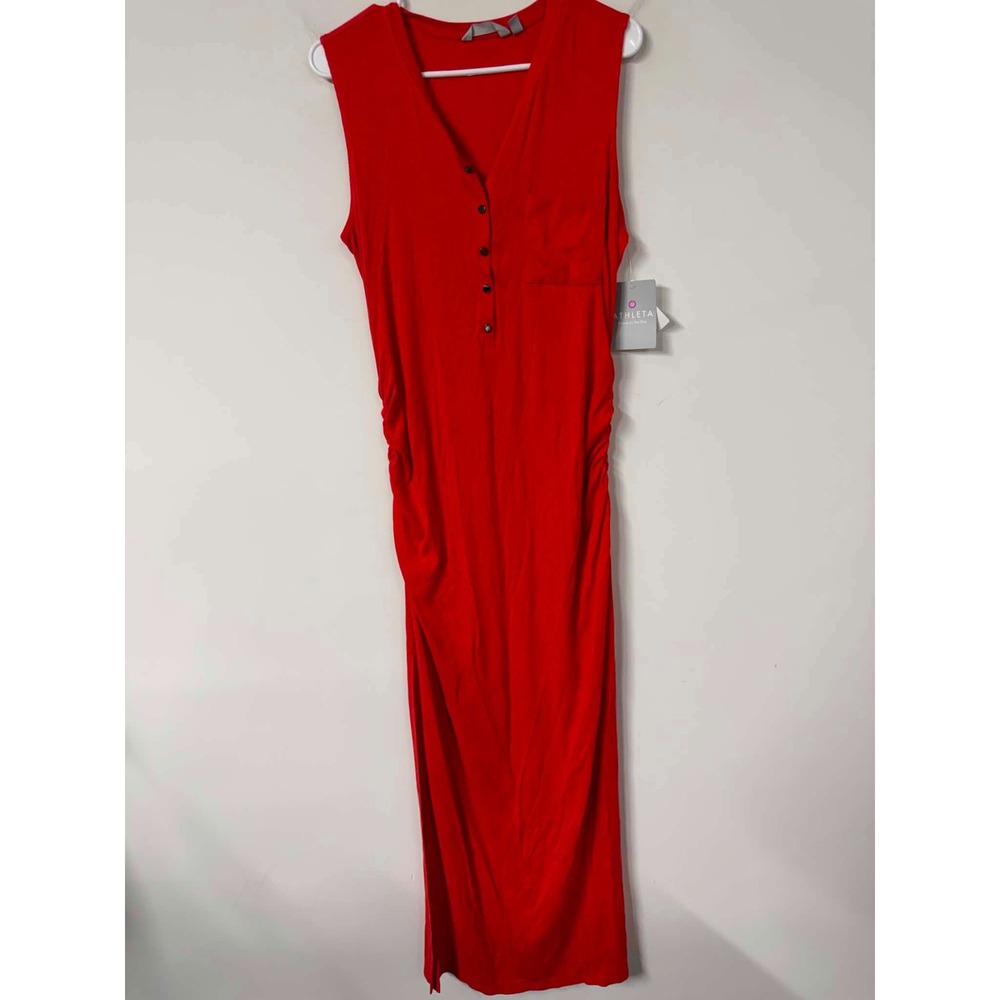 Athleta Womens LP Red Rib Henley Maxi Dress Sleeveless Ruched Side Slit 491258